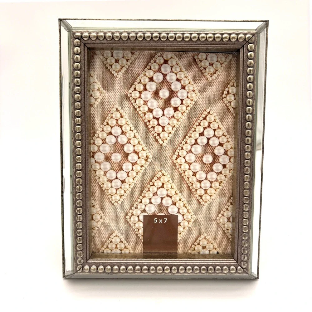 Mirrored Beaded 5x7 Picture Frame Pearl Diamond Inlay Regency Glam Decor